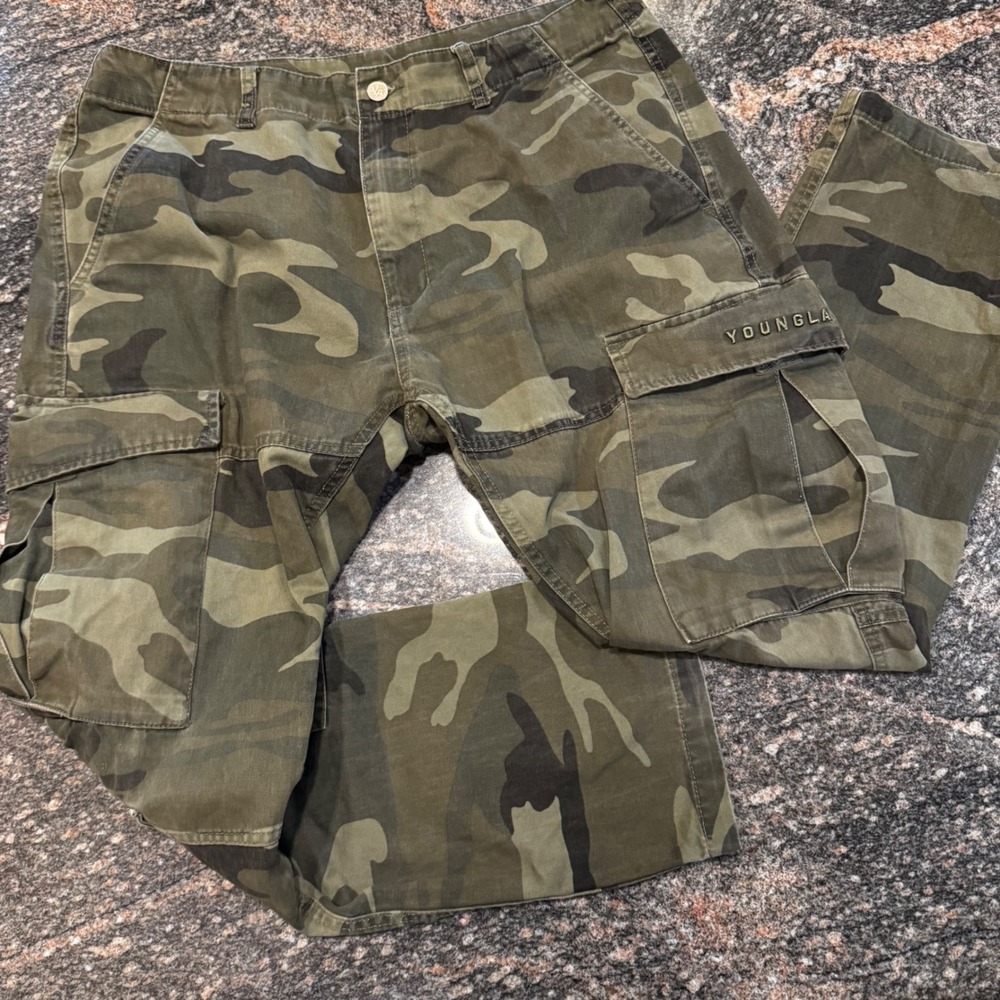 YOUNGLA Cargo Pants Men XL Green Camo Straight Leg Multi-Pocket Streetwear